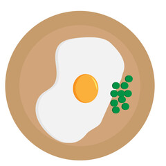 fried eggs with green peas on a light brown plate, on a white background