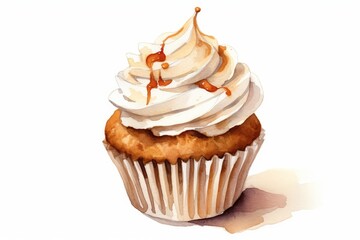 Watercolor cupcake with spiced apple filling and cream cheese frosting on white. AI generated
