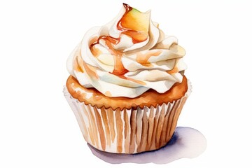 Obraz na płótnie Canvas Watercolor cupcake with spiced apple filling and cream cheese frosting on white. AI generated