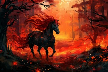Fantastical Fire horse in night forest. Fog fantasy night. Generate Ai