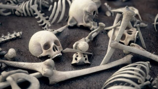 Close up on human bones and skulls on ground, many skulls and bones scattered on the field.