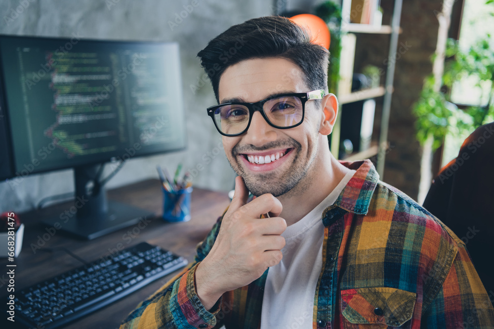 Poster photo of clever freelance programmer hand touching chin confident thinking about new mobile app serv
