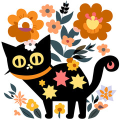 cute black cats with flowers vector clipart png