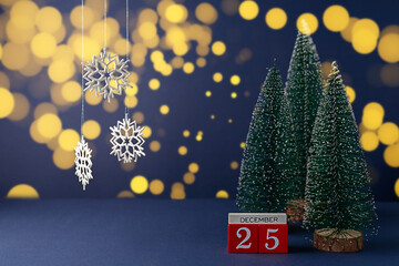 Christmas calendar, Christmas tree and snow. Christmas background.