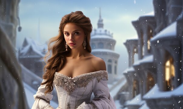 pretty woman wearing gorgeous white lace bridal dress in front of fairytale castle covered with snow, Generative Ai