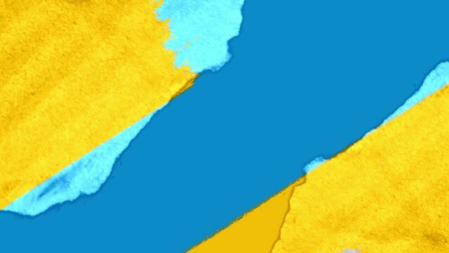 4k Color paper animation. Realistic of torn ripped paper cardboard edges pieces. Rough grunge elements of paper materials. Copy space for text, yellow and blue background