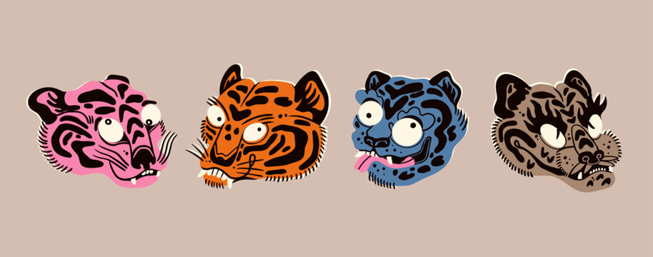 Various abstract Tigers or leopards. Unique, cartoon, quirky style. Hand drawn trendy Vector illustration. Funny characters. Isolated design elements. Poster, print, sticker, tattoo idea templates