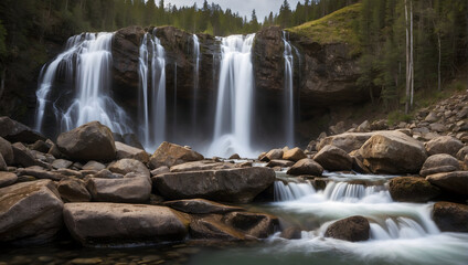 A cascade of waterfalls flowing through a rocky terrain. Generative AI
