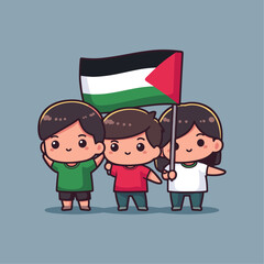 Children wave Palestinian flag - cute isolated vector illustration