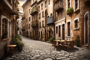 3d image. Old Town, Street, 3d wallpaper and mural. Wallpaper on the wall