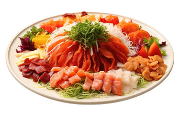 Delicious Yee Sang Serve on Big Plate, Chinese Seafood Salad, Transparent Background