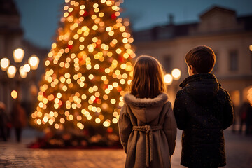 A boy and a girl are standing in front of a big Christmas tree in the city square