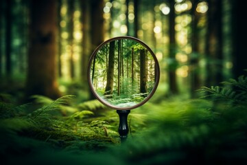 Mysterious Forest magnifying glass background. Sun plant. Generate Ai - obrazy, fototapety, plakaty