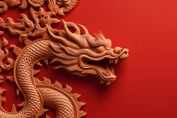 Fotobehang Festive New Year's background with a red wooden dragon. The symbol of the new year 2024. Banner with place for text. © Anna