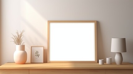 white blank wooden photo artwork frame mockup template backdrop for creative ideas background clean and clear simple minimal comfort interior daylight