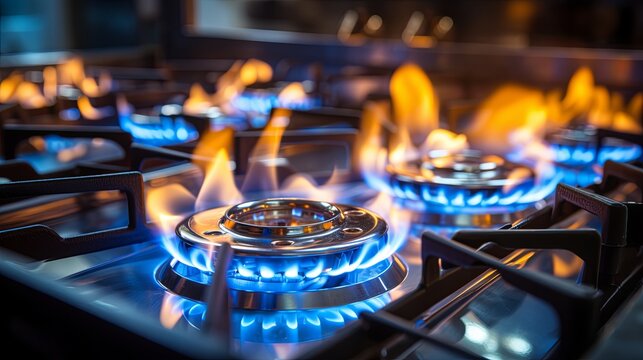 Modern kitchen stove cook with blue flames burning Close-up Natural Gas Stove Burner Appliance with Blue Flame Fire kitchen home concept