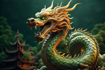 Fototapeta premium Wooden green dragon. The symbol of the new year 2024.