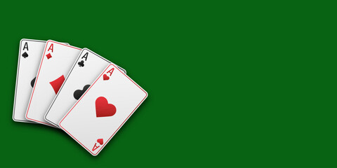 Hand fan of playing cards consisting of four white Ace of Spades, Diamonds, Clubs, Hearts. Vector illustration on a green table. Poker and casino concept.