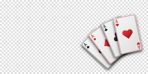 Obraz premium Fan of hand playing cards. Four aces with the suit of hearts, clubs, diamonds and spades. Vetor illustration. Poker or casino concept. Transparent background.