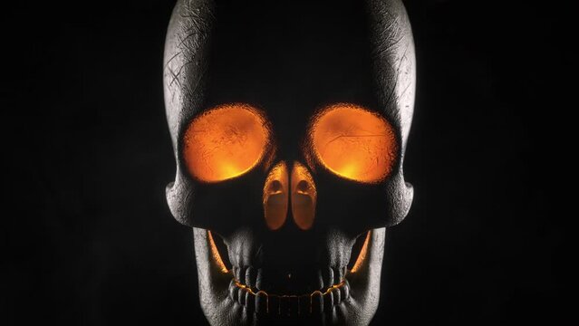 Skull with red glowing eyes appear on dark background, camera moves inside the skull, horror animation of Halloween skull.