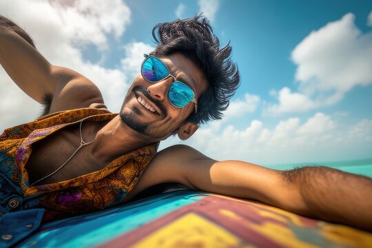 East Indian Male Sun Lover Vacation Backdrop Generative AI