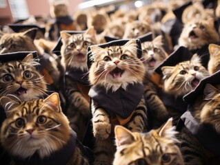 humanoid cats wearing graduation gawns at a university graduation