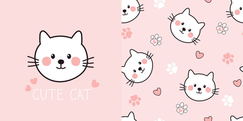 Obraz premium Cute cat card and seamless pattern. Children background with cats, paw prints and hearts. Vector illustration. It can be used for wallpapers, wrapping, cards, patterns for clothing and others.