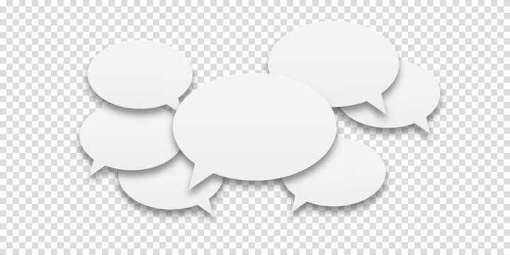 Concept of human communication. Set of speech bubbles icons. White speech bubbles on a tranpsrent background. Communication between people, a kind of active conversation. Vector illustration.