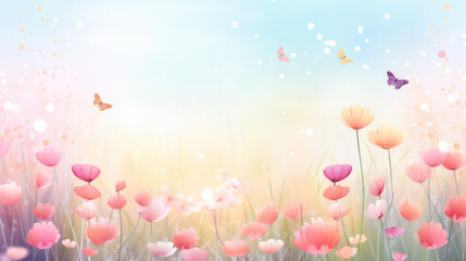 Obraz premium Watercolor springtime background with colorful illustrated flowers at the bottom, room for copyspace at top