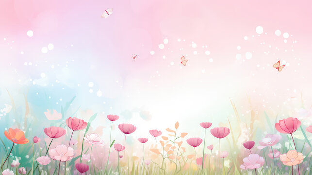 Watercolor springtime background with colorful illustrated flowers at the bottom, room for copyspace at top