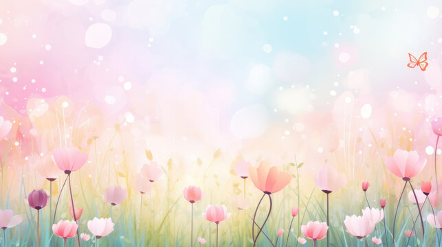 Watercolor springtime background with colorful illustrated flowers at the bottom, room for copyspace at top