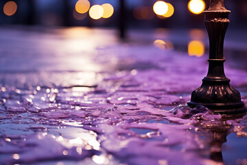 streetlamp’s purple glow reflecting on icy pavement