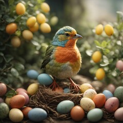 Funny colorful bird with small eggs. Generative AI.