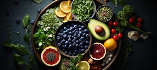 a bowl full of various types of healthy foods, in the style of indigo and green, flat composition, gray and bronze, firecore, nabis, cleancore, raw energy