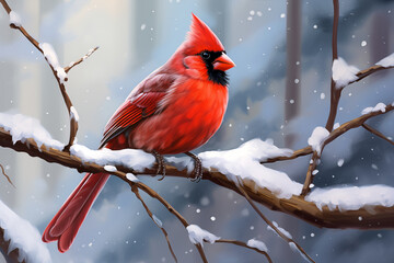 red cardinal bird perched on a snowy branch - obrazy, fototapety, plakaty