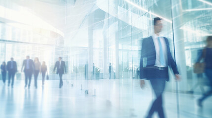 Long exposure shot of a crowd of business people walking through a bright office. Banner with fast moving people with blurring