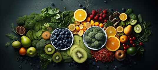 various fresh fruits along with other healthy foods, in the style of indigo and gray, light green...
