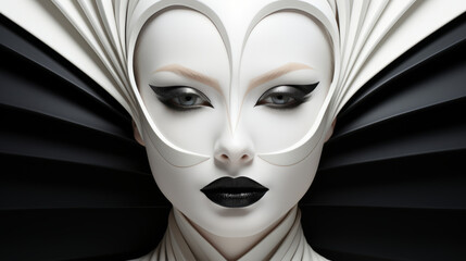 Veiled in a striking white mask, a woman's black lips hint at a hidden darkness waiting to be unleashed