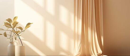 Subtle minimalist backdrop for product display featuring soft illumination and the play of light and shadow from window curtains on the wall