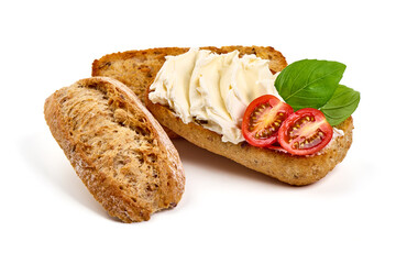 Bruschetta with cream cheese, isolated on white background. High resolution image.