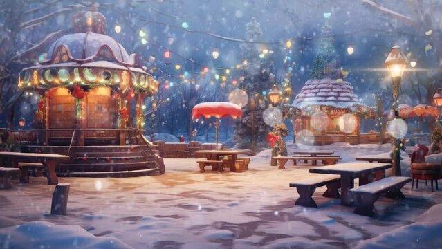 the atmosphere of a small children's park on Christmas Eve with Christmas tree decorations. seamless looping time-lapse virtual video animation background.