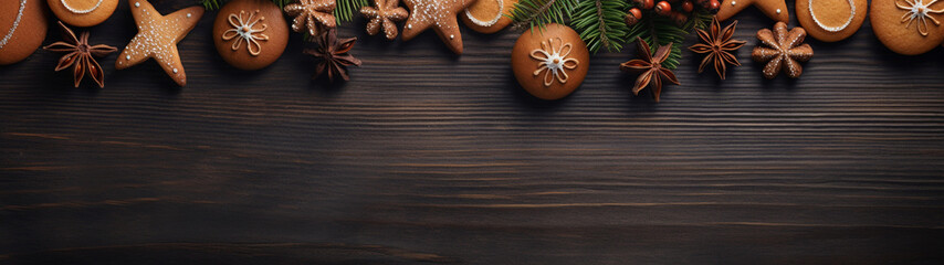 Christmas decorations with  spices and cookies on wooden table background. Festive new year postcard with copy space. Generative AI