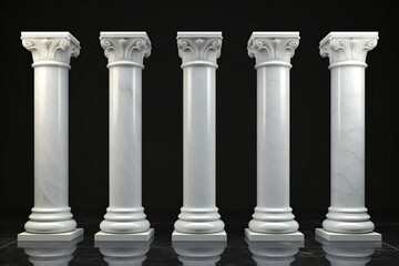 Five white color Ancient marble pillars on the black background.