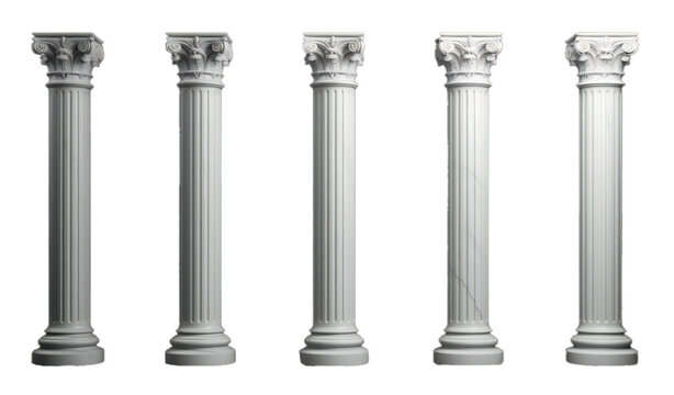 Five white color Ancient marble pillars on the transparent background.