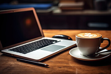 Fototapeta na wymiar Laptop computer, coffee, book on cafe table.