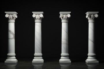 Five white color Ancient marble pillars on the black background.