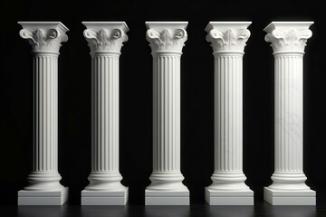 Five white color Ancient marble pillars on the black background.