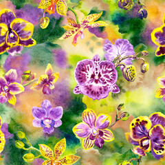 Seamless pattern with phalaenopsis orchids on a yellow-green background, watercolor illustration, print for fabric and other designs. - 668287873
