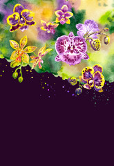 Floral vertical background with phalaenopsis orchids on a dark purple background, watercolor illustration, print for fabric and other designs. - 668287892