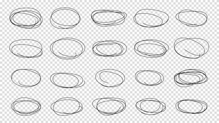 Vector abstract hand drawn pencil set scribble ellipses and ovals. Hand drawn abstract grunge frames and borders elements. Doodle sketched highlight circles or rings. Black pen drawing. - obrazy, fototapety, plakaty